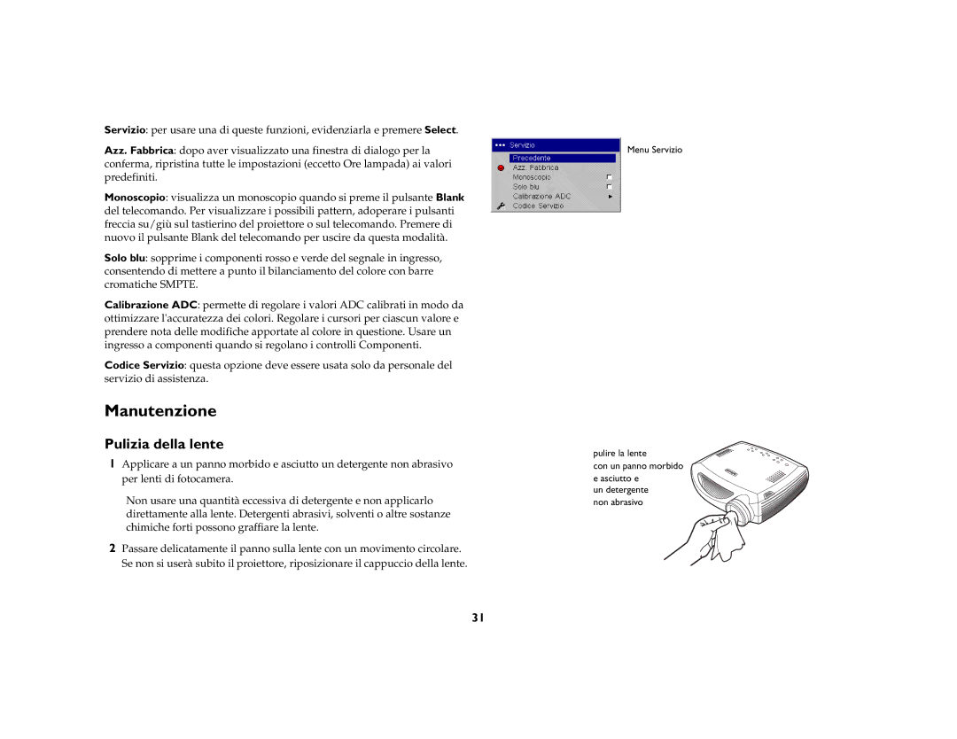 Jabra 7210 manual Manutenzione, Pulizia della lente 