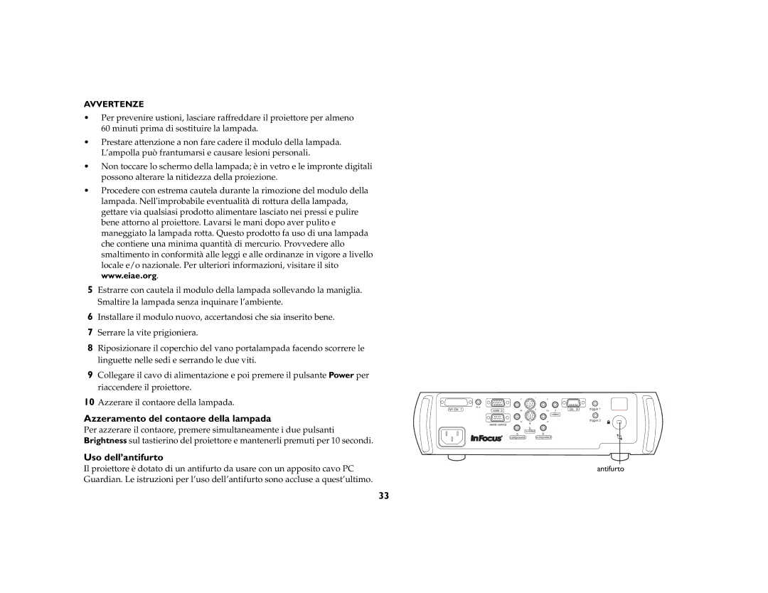 Jabra 7210 manual Azzeramento del contaore della lampada, Uso dell’antifurto 