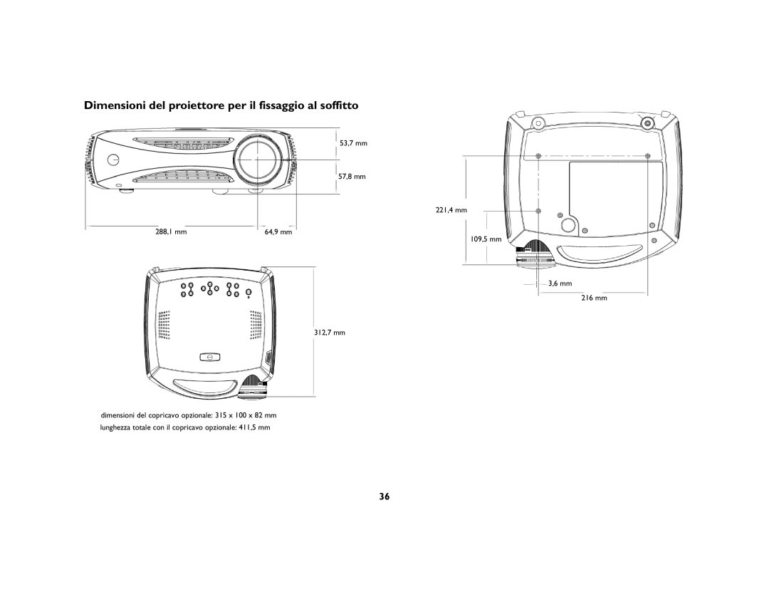 Jabra 7210 manual Dimensioni del proiettore per il fissaggio al soffitto 