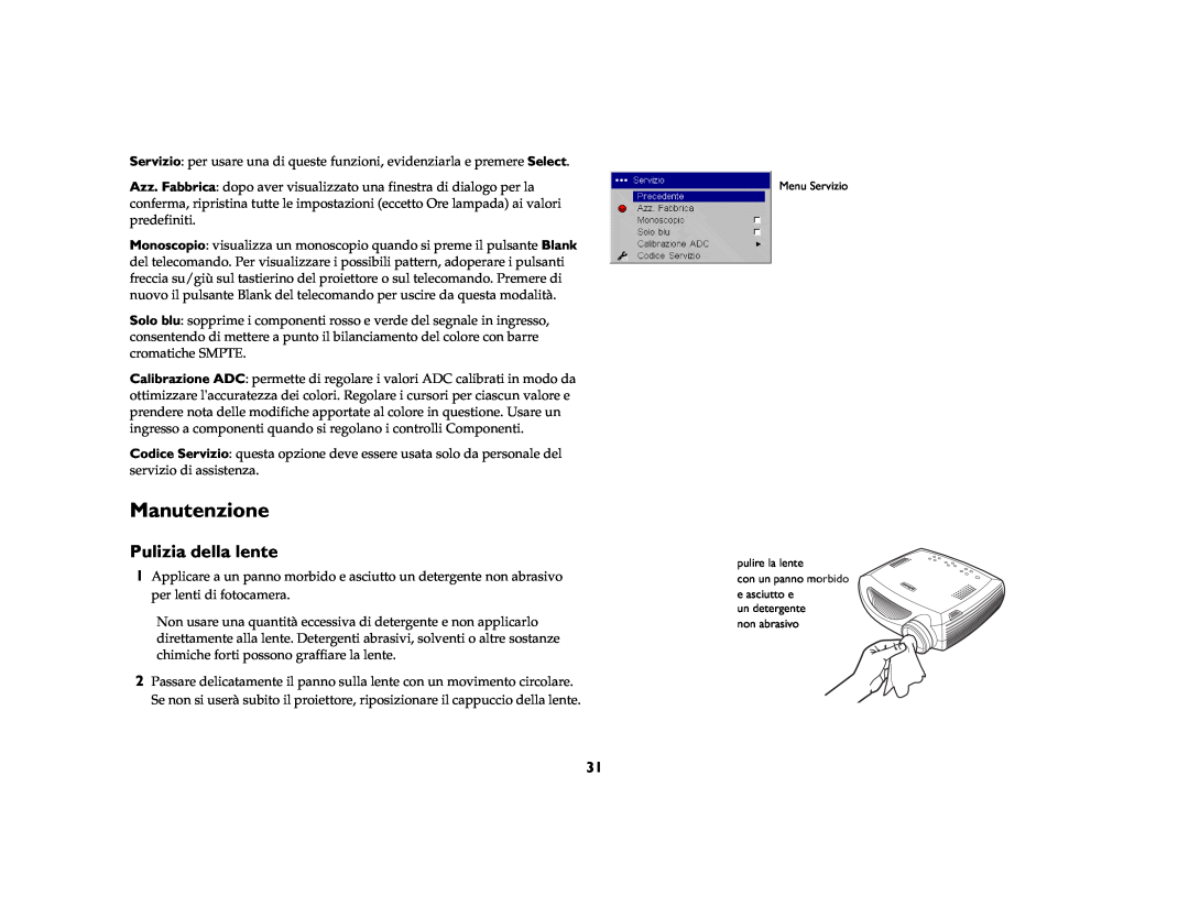 Jabra 7210 manual Manutenzione, Pulizia della lente 