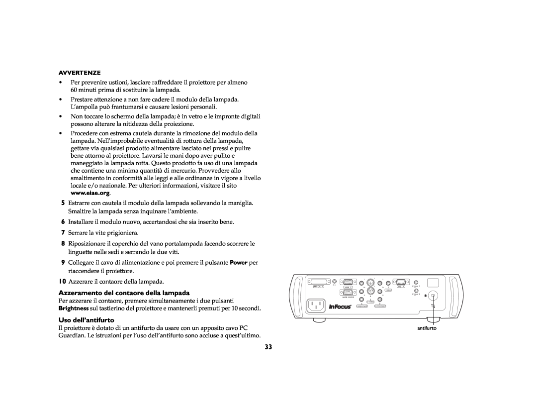Jabra 7210 manual Azzeramento del contaore della lampada, Uso dell’antifurto, Avvertenze 