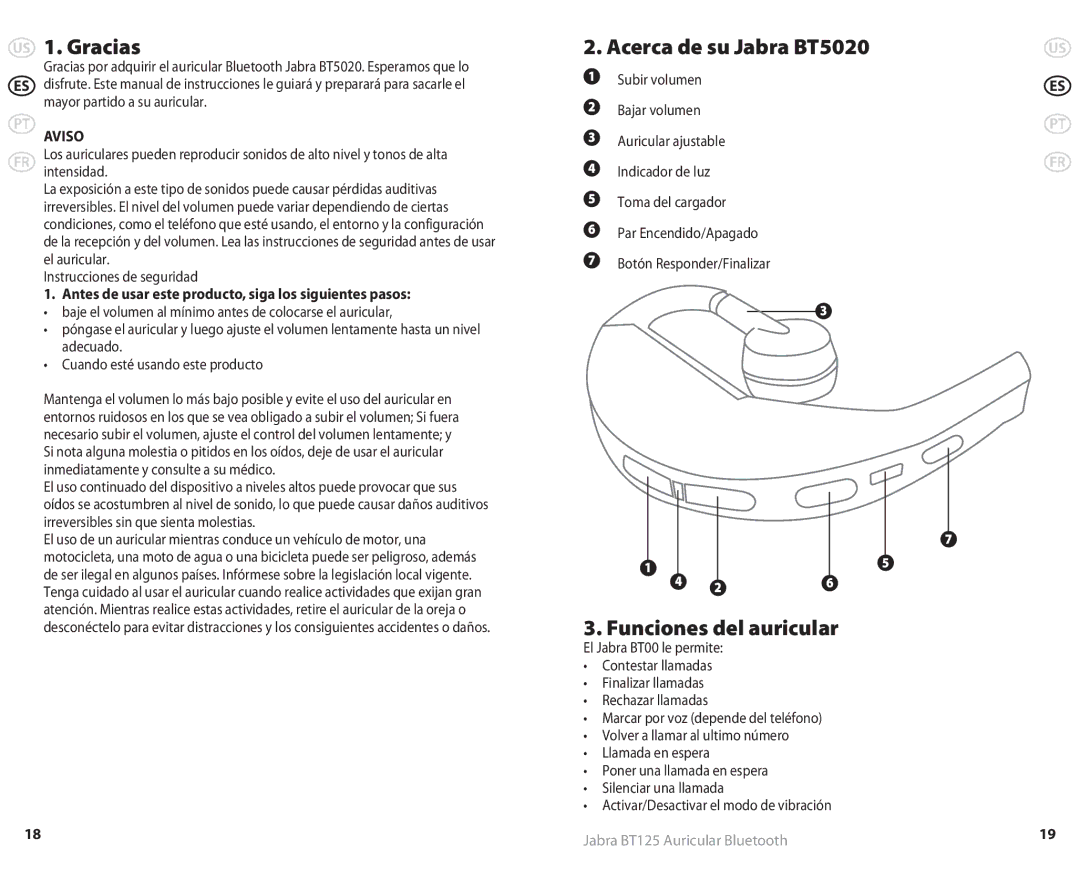 Jabra 81-00491 user manual Gracias, Funciones del auricular, Antes de usar este producto, siga los siguientes pasos 