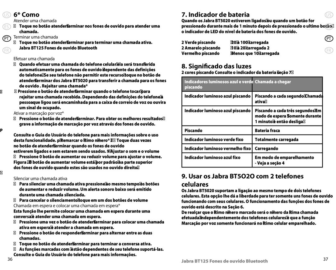 Jabra 81-00491 Como, Indicador de bateria, Significado das luzes, Usar os Jabra BT5O2O com 2 telefones celulares 