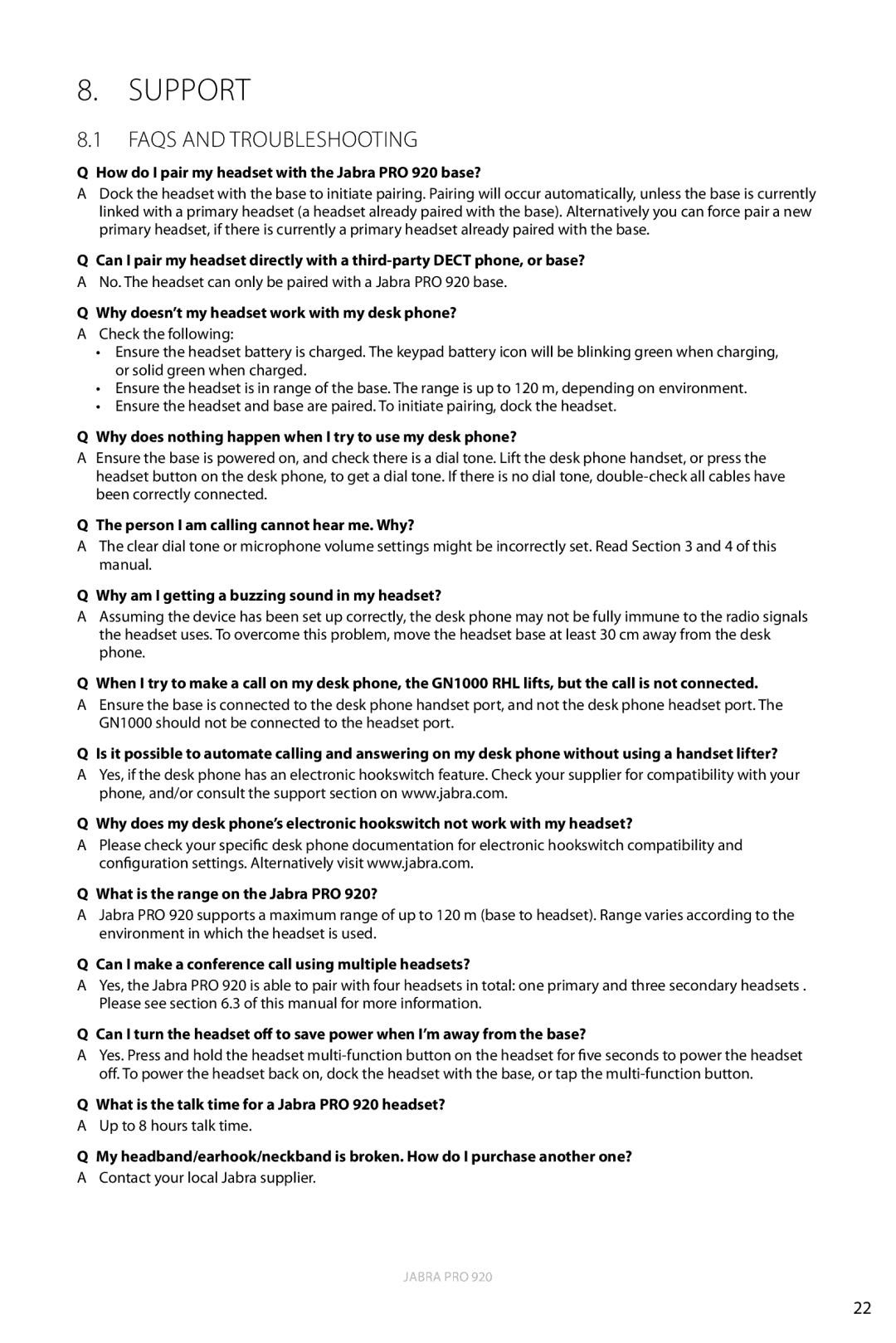 Jabra 920 user manual FAQs and Troubleshooting 