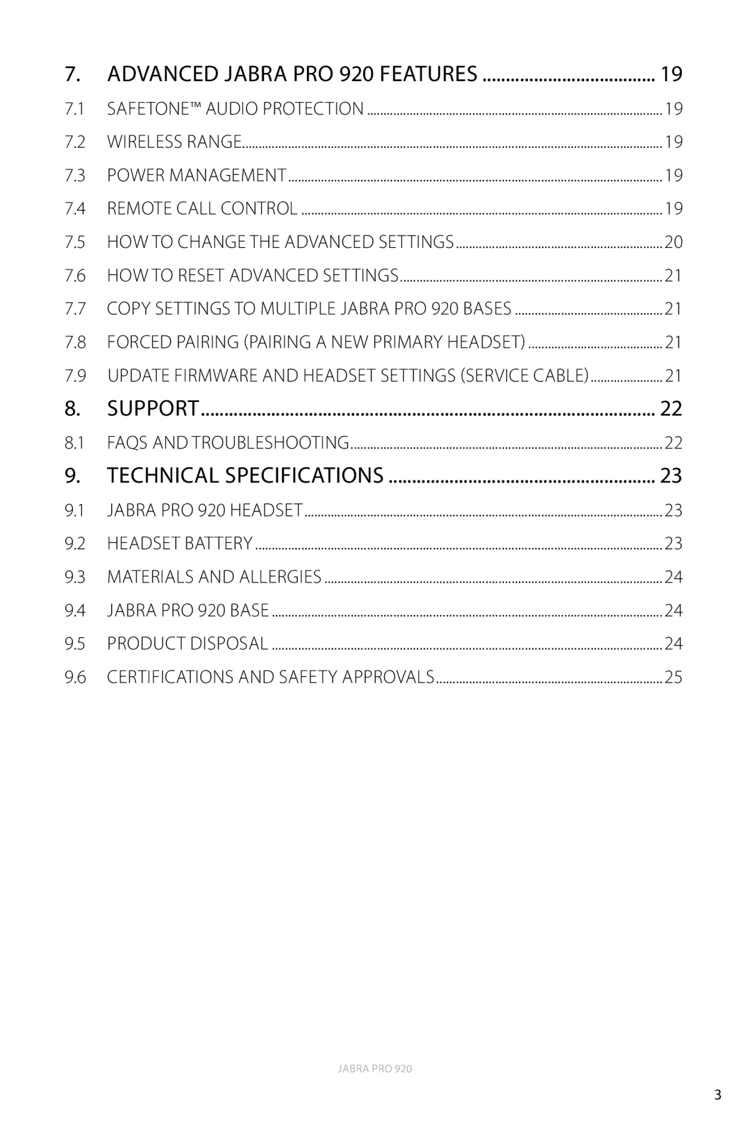 Jabra 920 user manual Technical Specifications 