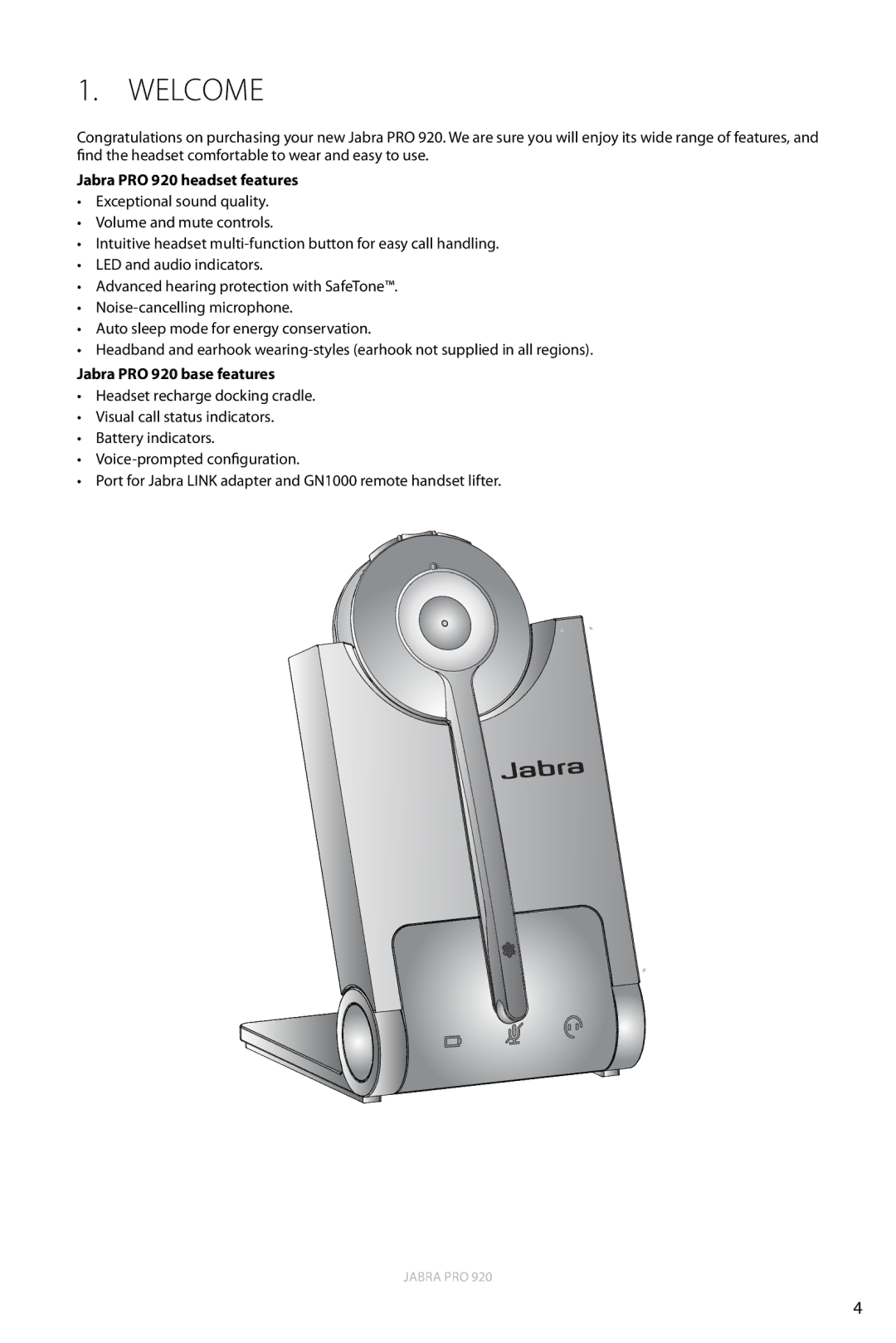 Jabra user manual Welcome, Jabra PRO 920 headset features, Jabra PRO 920 base features 