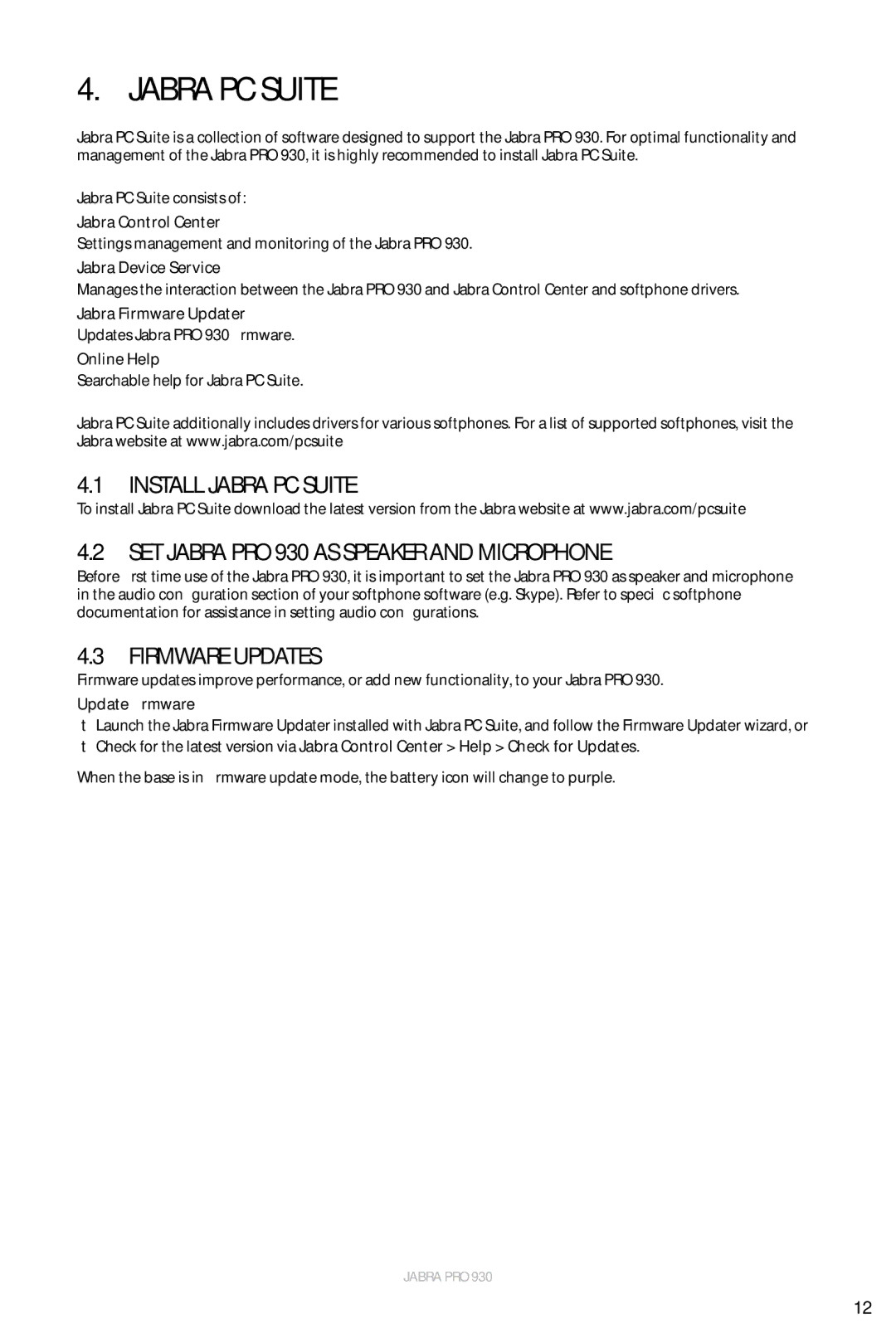 Jabra 930 user manual Jabra PC Suite, Firmware Updates 