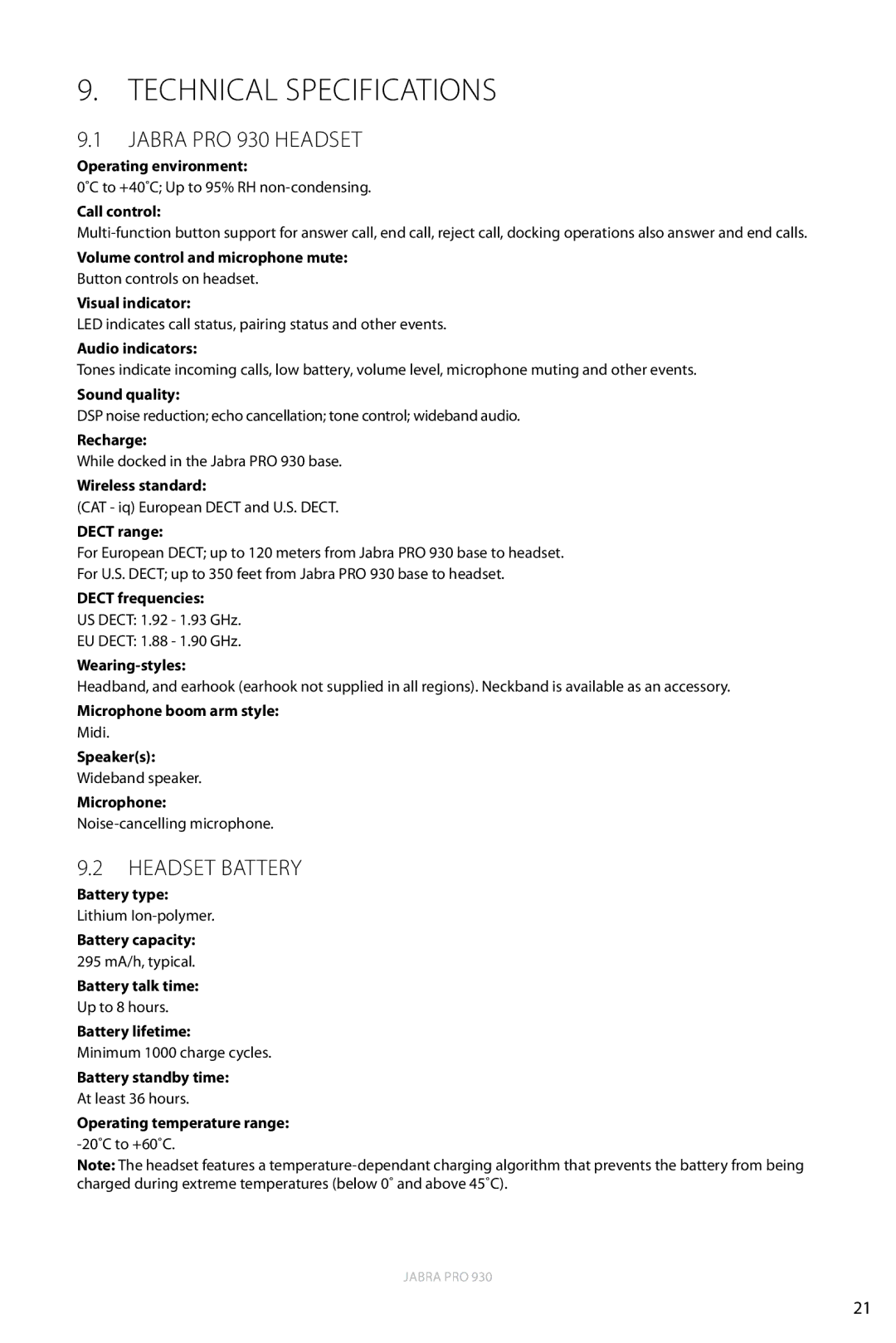 Jabra user manual Technical Specifications, Jabra PRO 930 Headset, Headset Battery 