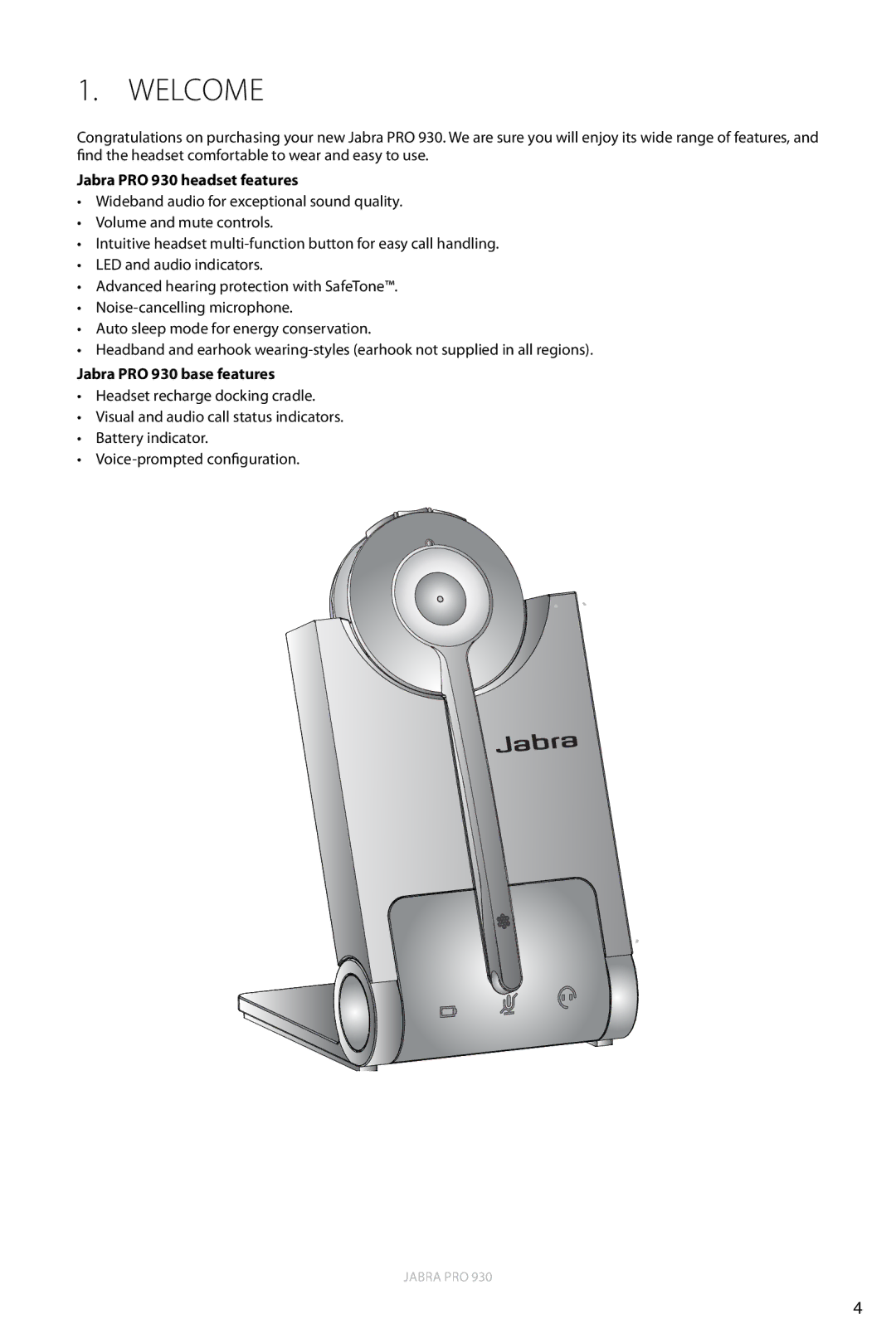 Jabra user manual Jabra PRO 930 headset features, Jabra PRO 930 base features 