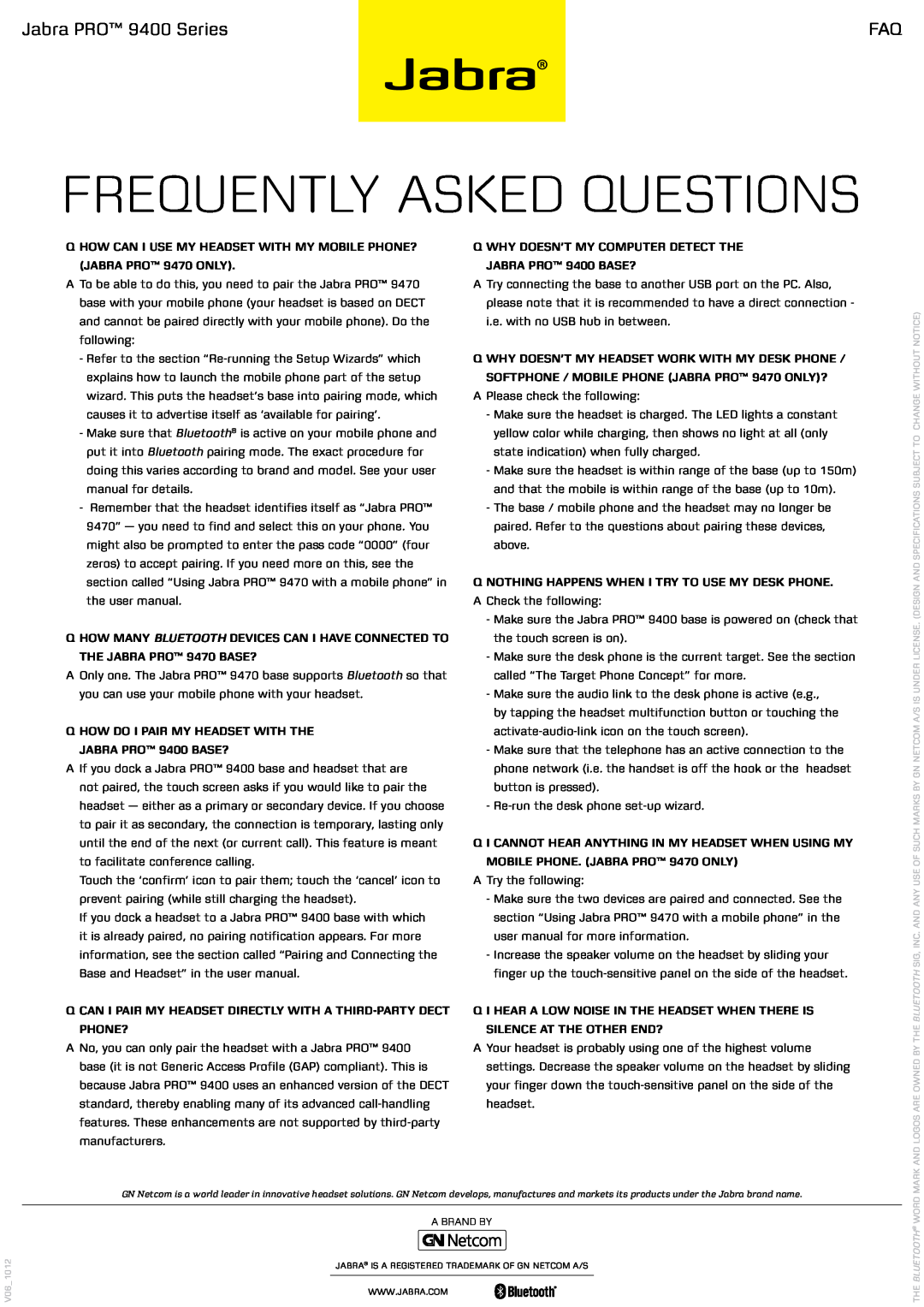 Jabra 9400 user manual Frequently asked questionS, Jabra PROTM, series, STAY IN TOUCH around the office 