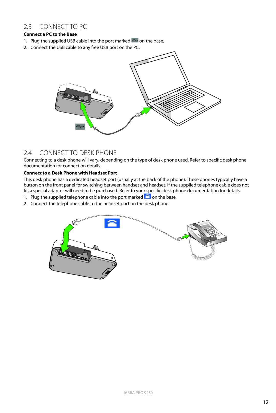 Jabra 9450 Connect to PC, Connect to Desk Phone, Connect a PC to the Base, Connect to a Desk Phone with Headset Port 