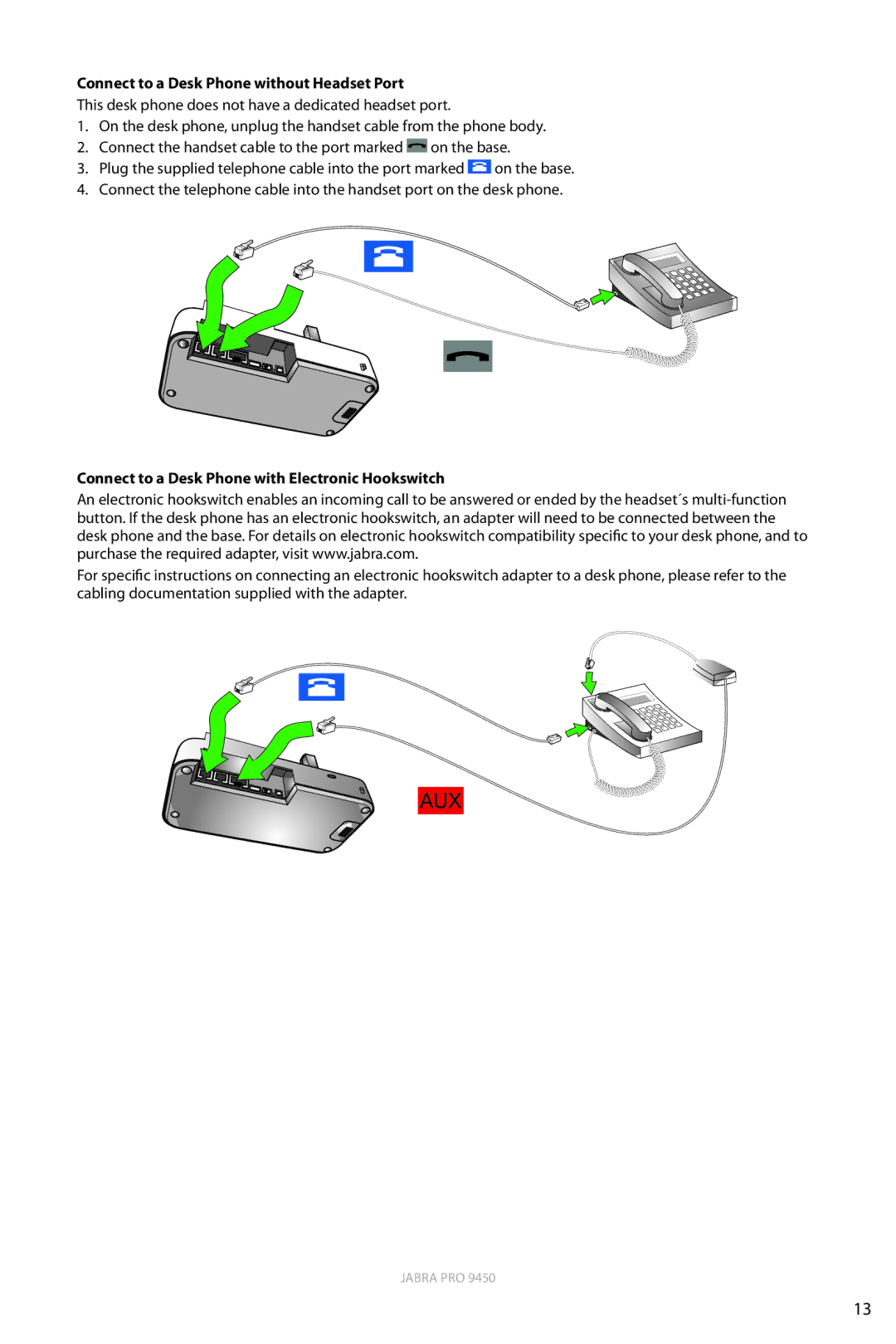 Jabra 9450 user manual Connect to a Desk Phone without Headset Port, Connect to a Desk Phone with Electronic Hookswitch 