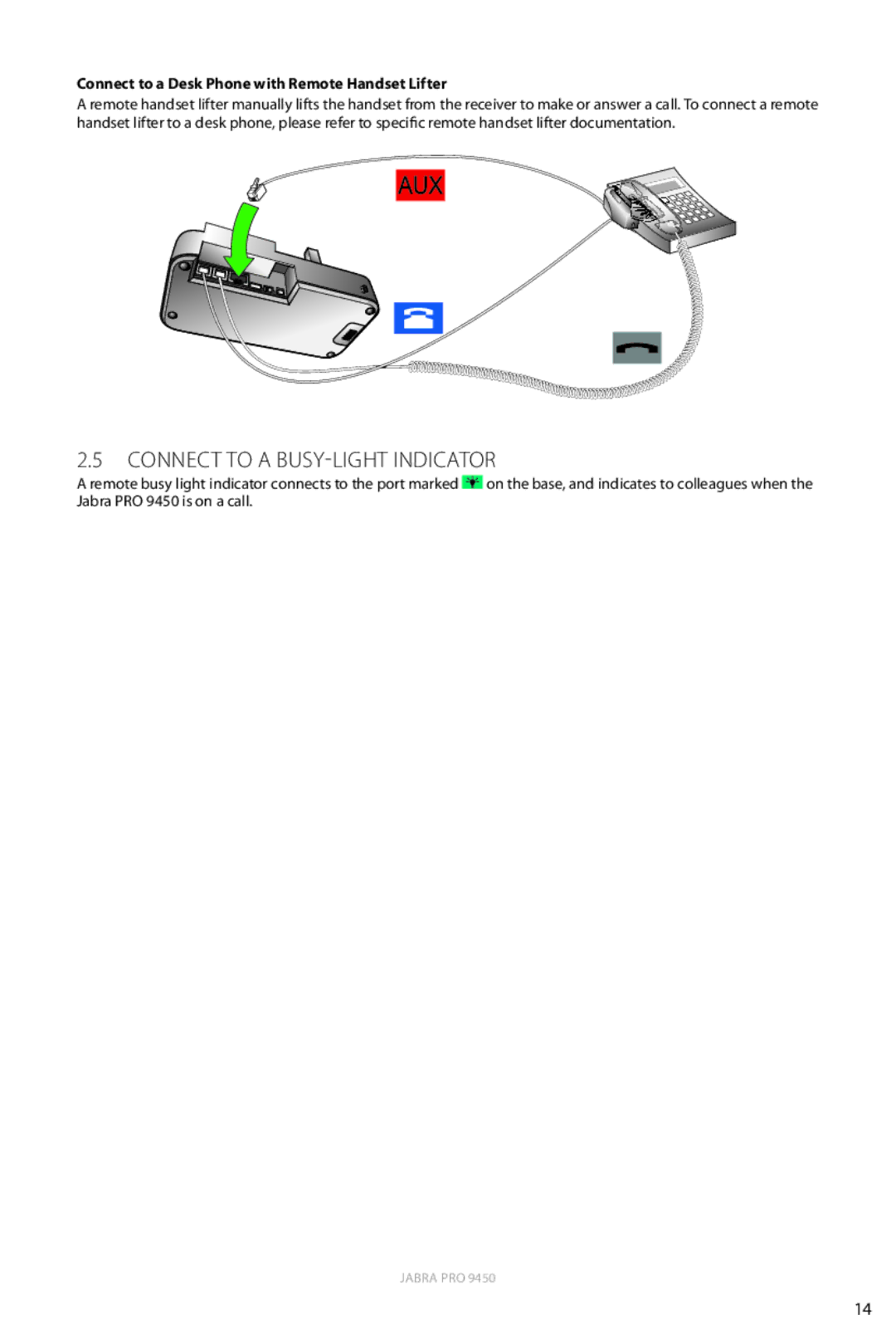 Jabra 9450 user manual Connect to a BUSY-LIGHT Indicator, Connect to a Desk Phone with Remote Handset Lifter 