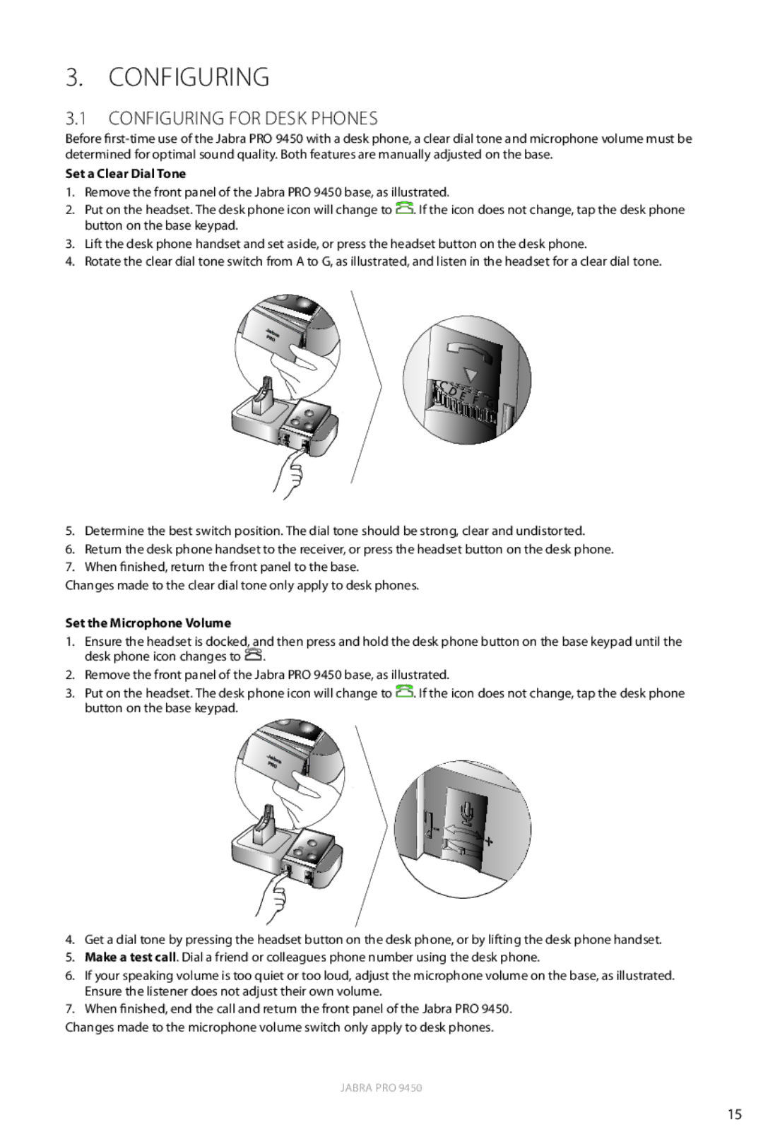 Jabra 9450 user manual Configuring for Desk Phones, Set a Clear Dial Tone, Set the Microphone Volume 