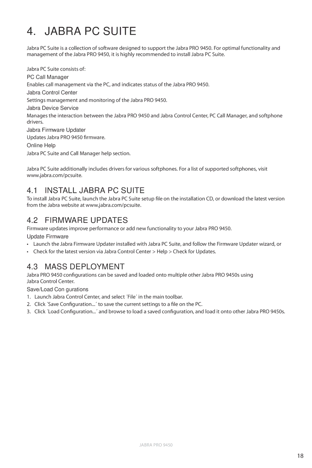 Jabra 9450 user manual Install Jabra PC Suite Firmware Updates, Mass Deployment 