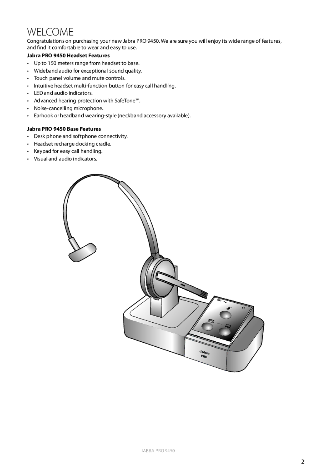 Jabra user manual Welcome, Jabra PRO 9450 Headset Features, Jabra PRO 9450 Base Features 