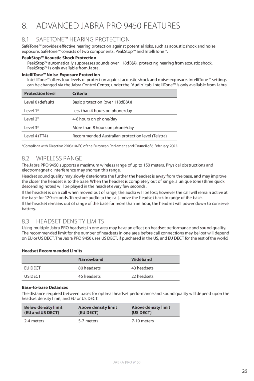 Jabra user manual Advanced Jabra PRO 9450 Features, Safetone Hearing Protection, Wireless Range, Headset Density Limits 