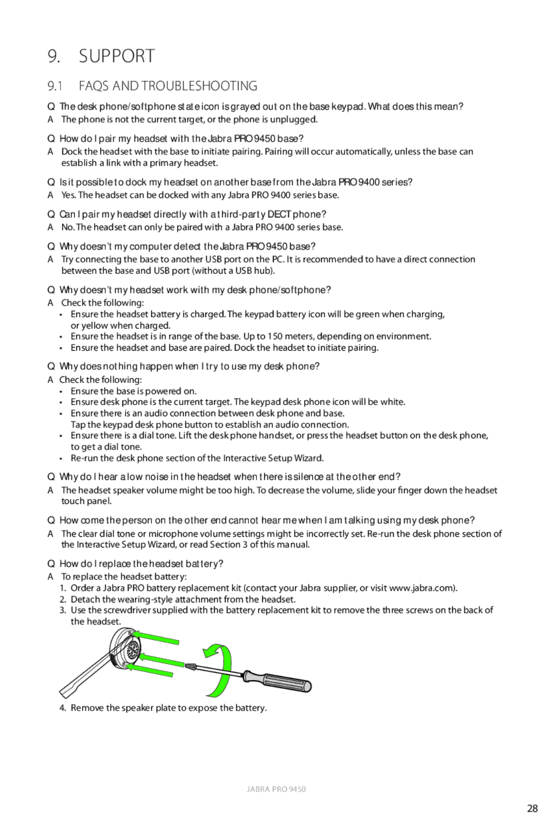 Jabra user manual Support, Faqs and Troubleshooting, Why doesn’t my computer detect the Jabra PRO 9450 base? 