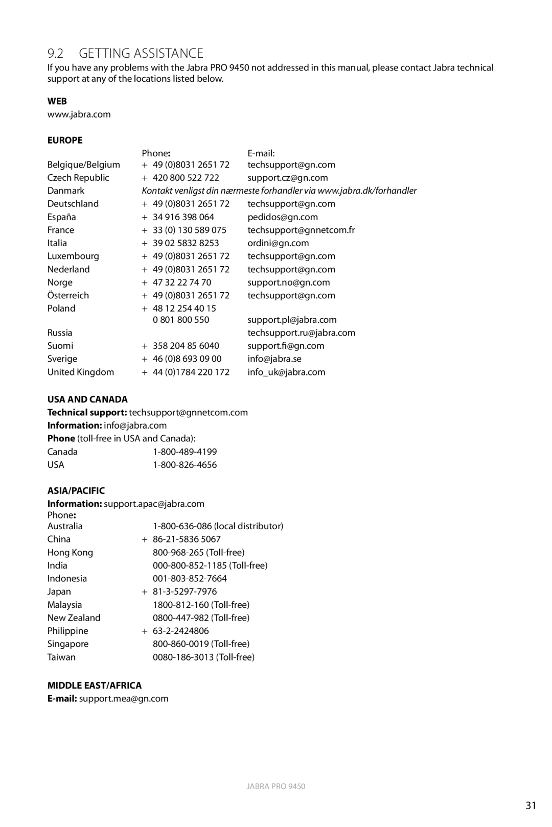 Jabra 9450 user manual Getting Assistance, WEB Europe 