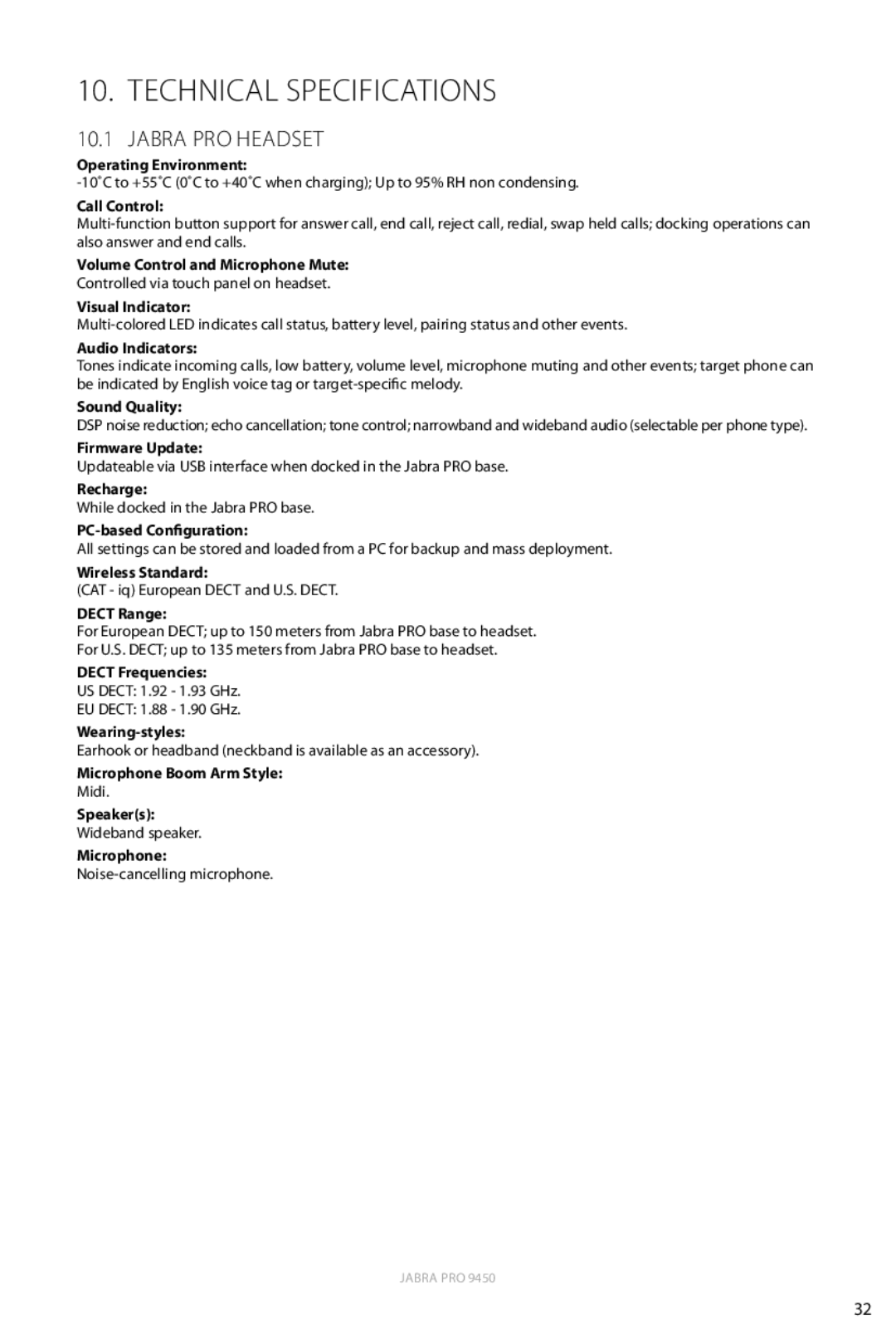 Jabra 9450 user manual Technical Specifications, Jabra PRO Headset 