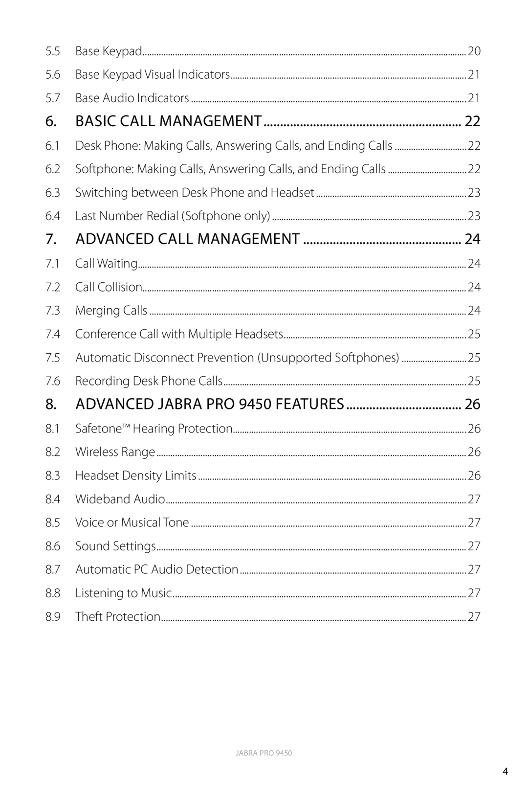 Jabra 9450 user manual Basic Call Management 