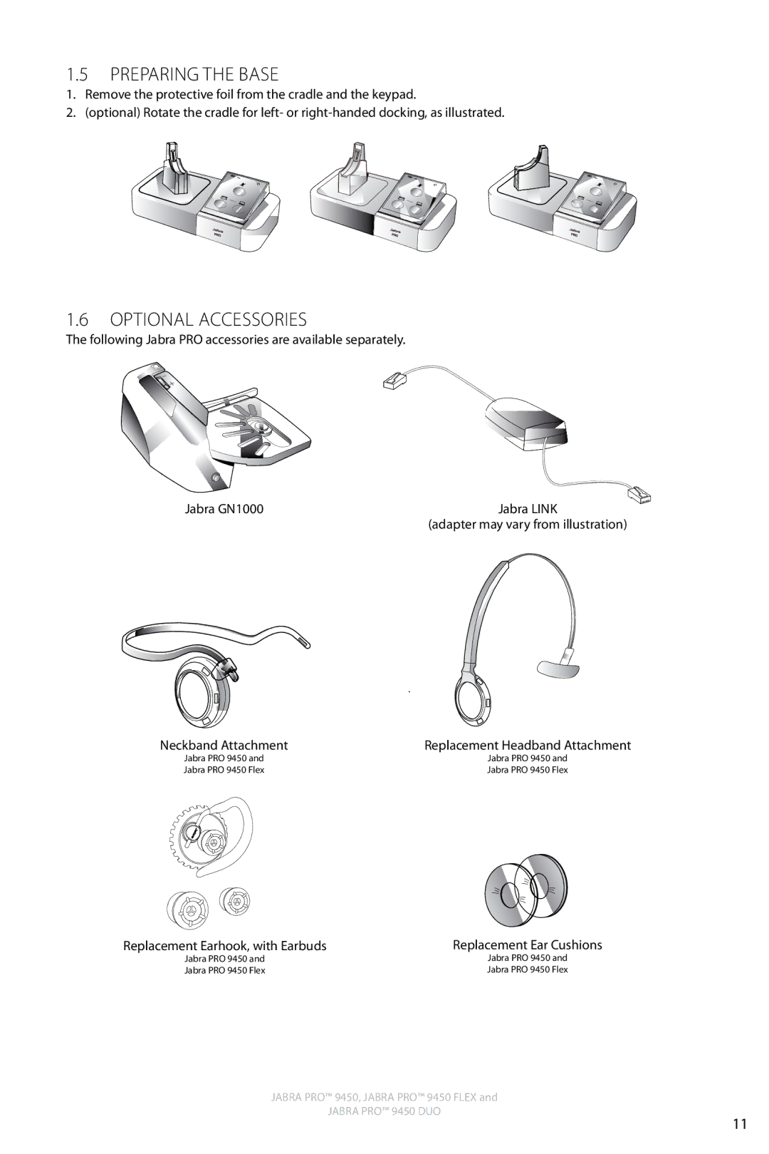 Jabra 9450 user manual Preparing the Base, Optional Accessories 