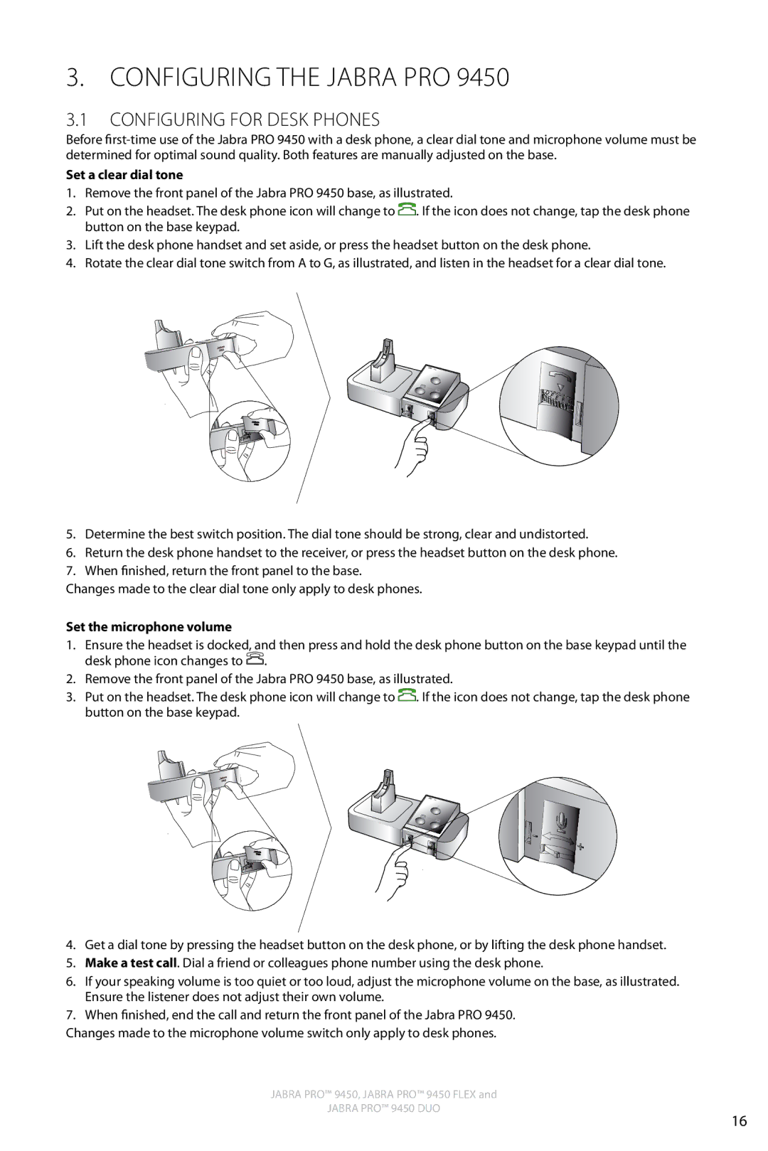 Jabra 9450 Configuring the Jabra PRO, Configuring for Desk Phones, Set a clear dial tone, Set the microphone volume 