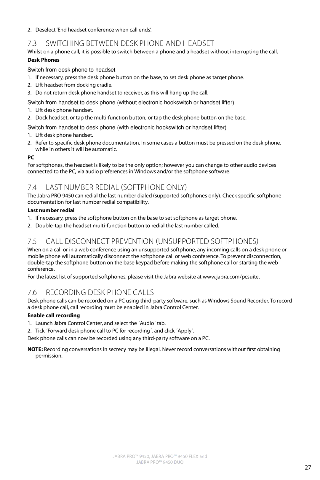Jabra 9450 Switching between Desk Phone and Headset, Last Number Redial Softphone only, Recording Desk Phone Calls 