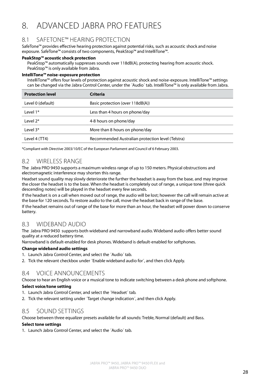 Jabra 9450 user manual Safetone Hearing Protection, Wireless Range, Wideband Audio, Voice Announcements, Sound Settings 