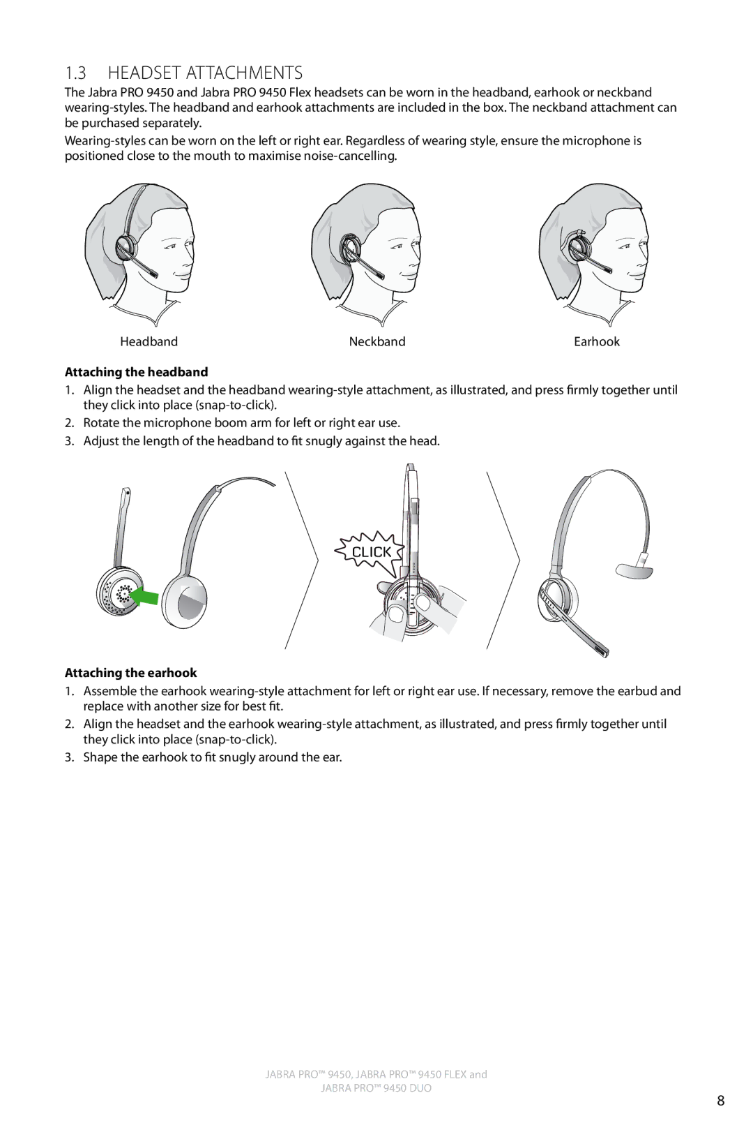 Jabra 9450 user manual Headset Attachments, Attaching the headband, Attaching the earhook 