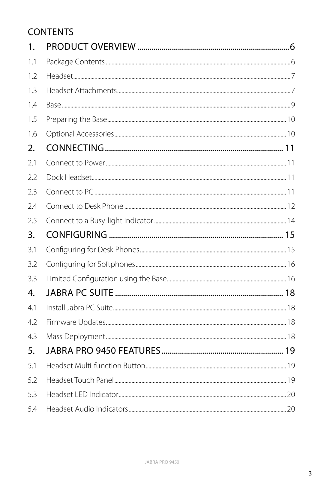 Jabra user manual Contents, Product Overview, Connecting, Configuring, Jabra Pc Suite, JABRA PRO 9450 FEATURES 