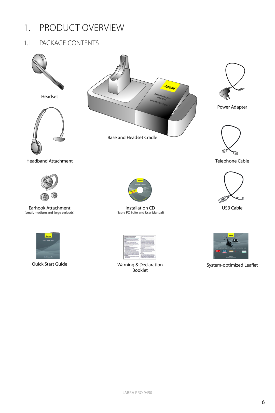 Jabra 9450 user manual Product Overview, 1.1PACKAGE CONTENTS, Jabra Pro, small, medium and large earbuds 