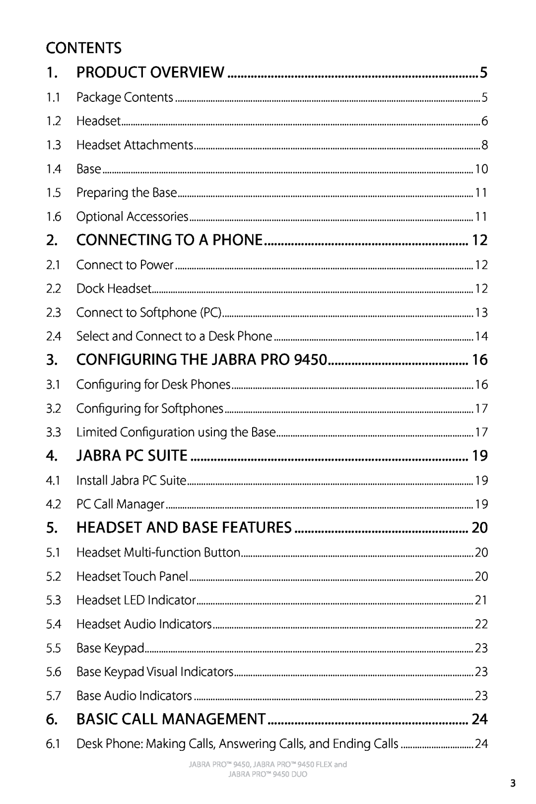 Jabra 9450 user manual Contents, headset and base features 