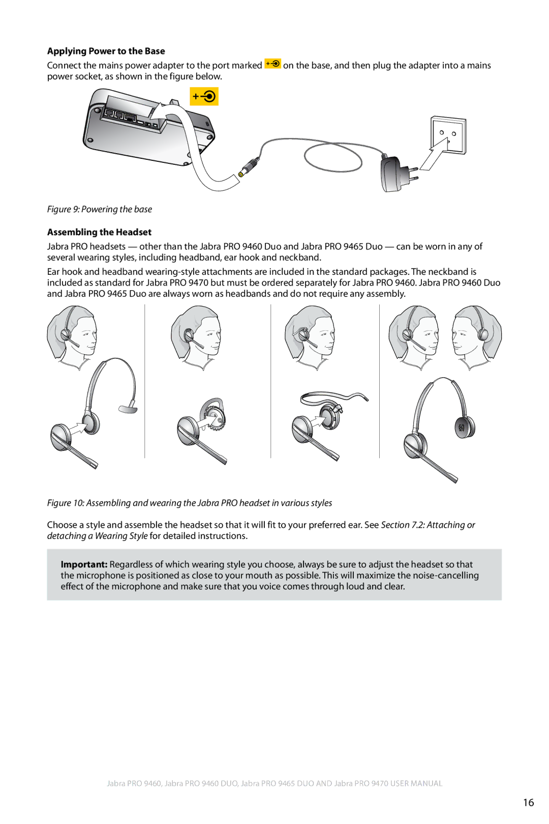 Jabra 9460 user manual Applying Power to the Base, Assembling the Headset 