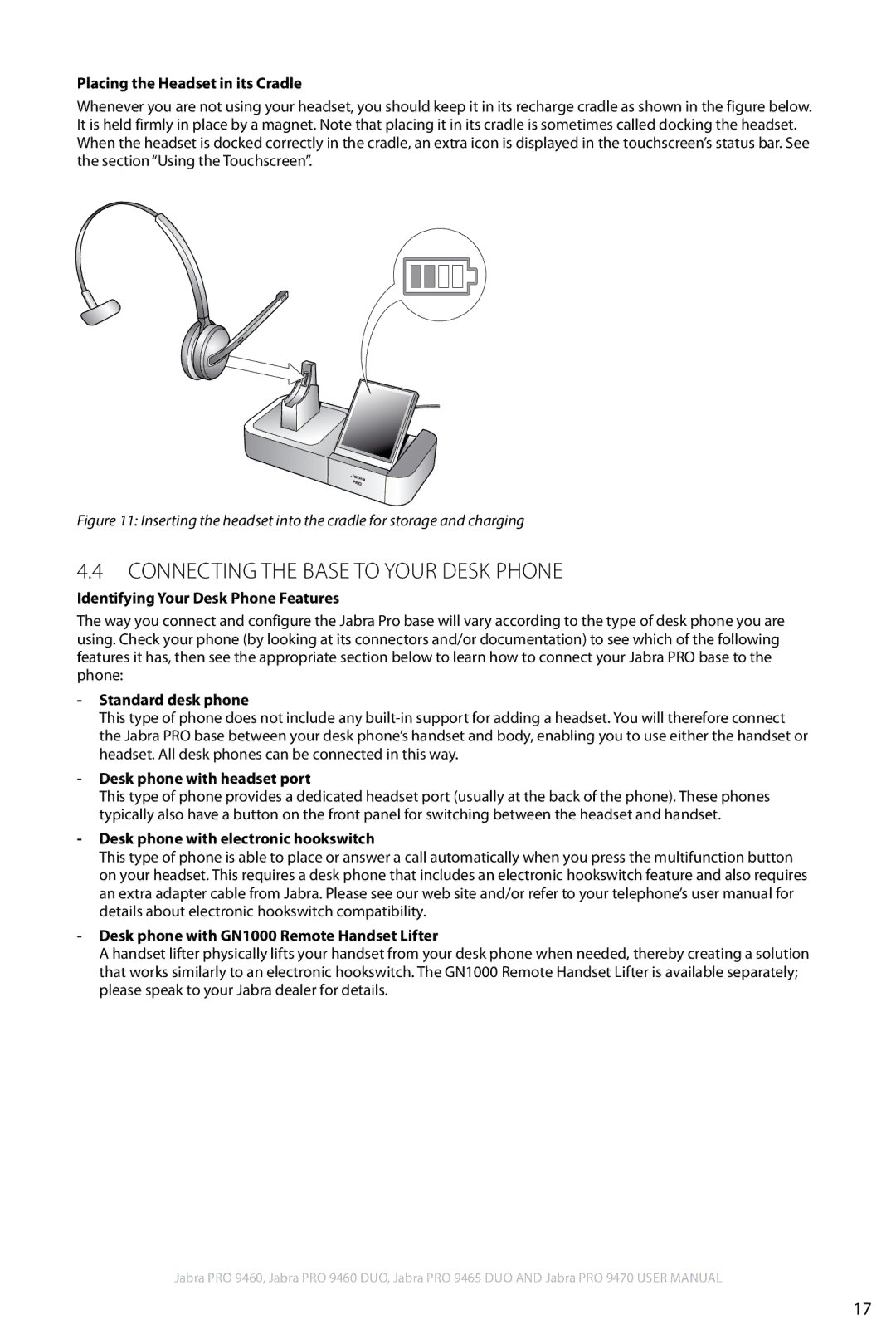 Jabra 9460 Connecting the Base to Your Desk Phone, Placing the Headset in its Cradle, Identifying Your Desk Phone Features 