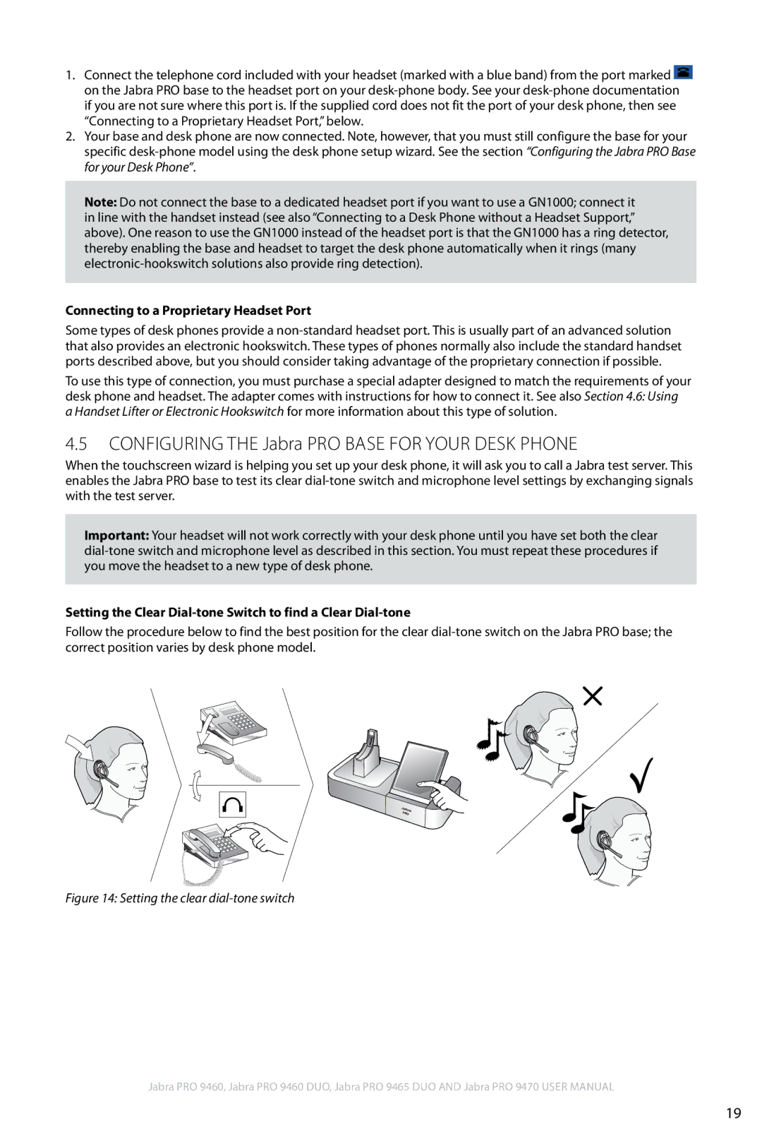 Jabra 9460 user manual Configuring the Jabra PRO Base for Your Desk Phone, Connecting to a Proprietary Headset Port 