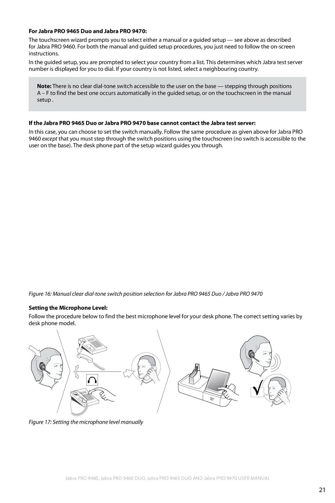 Jabra 9460 user manual For Jabra PRO 9465 Duo and Jabra PRO, Setting the Microphone Level 