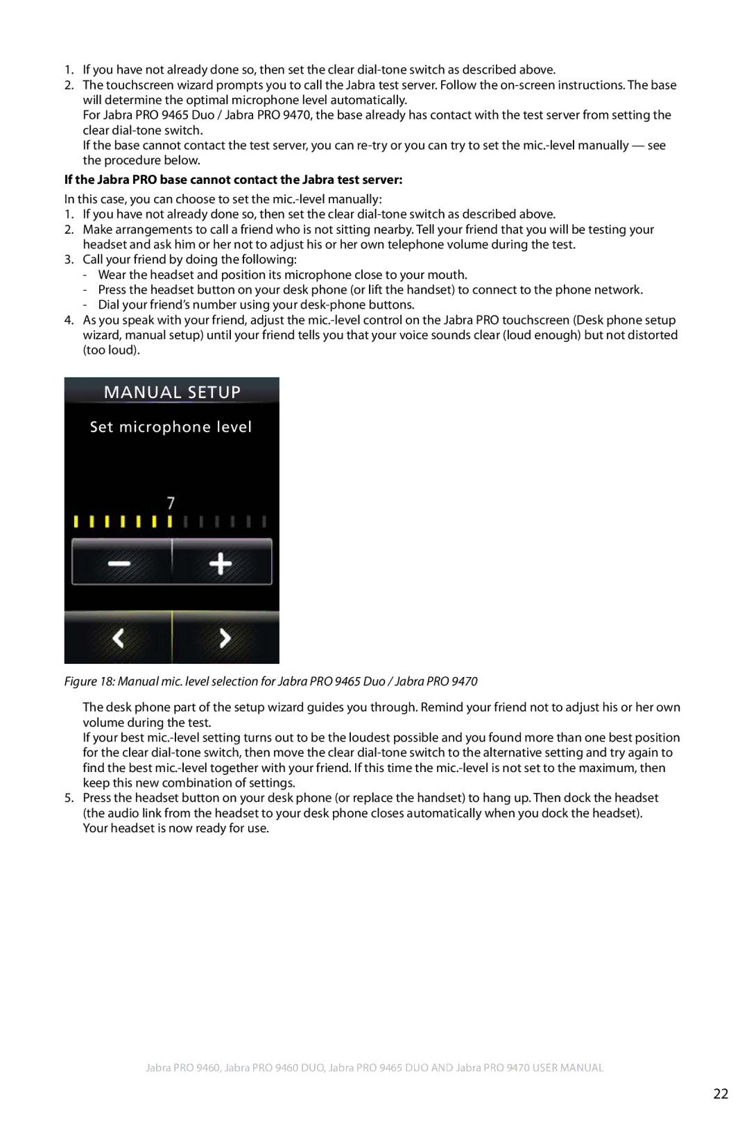 Jabra 9460 user manual Set microphone level, If the Jabra PRO base cannot contact the Jabra test server 