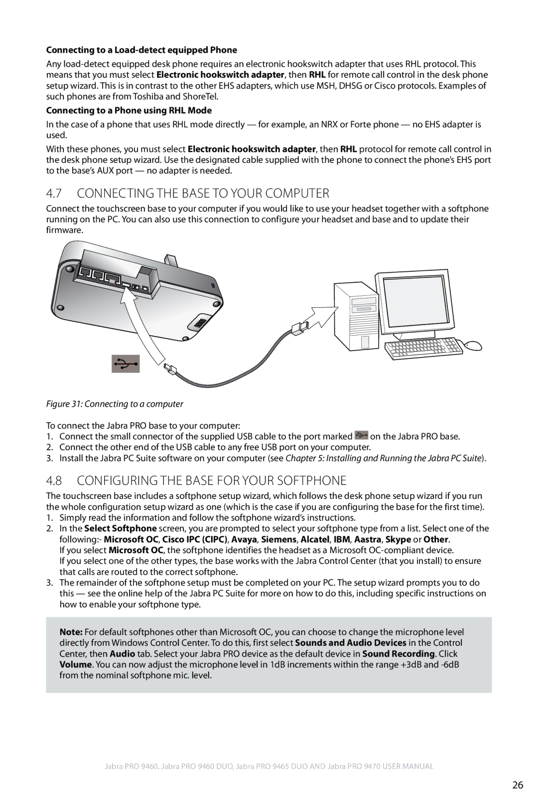 Jabra 9460 user manual Connecting the Base to Your Computer, Configuring the base for your softphone 