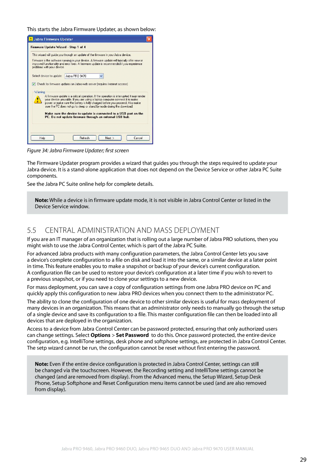 Jabra 9460 user manual Central Administration and Mass Deployment, Jabra Firmware Updater first screen 