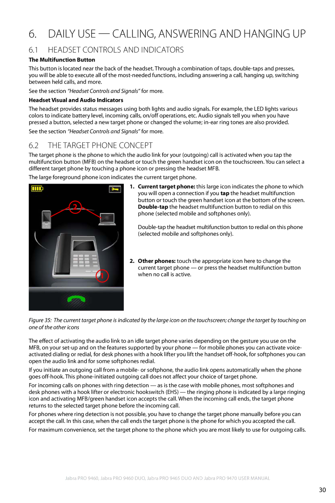 Jabra 9460 user manual Daily Use Calling, Answering and Hanging Up, Headset Controls and Indicators, Target Phone Concept 