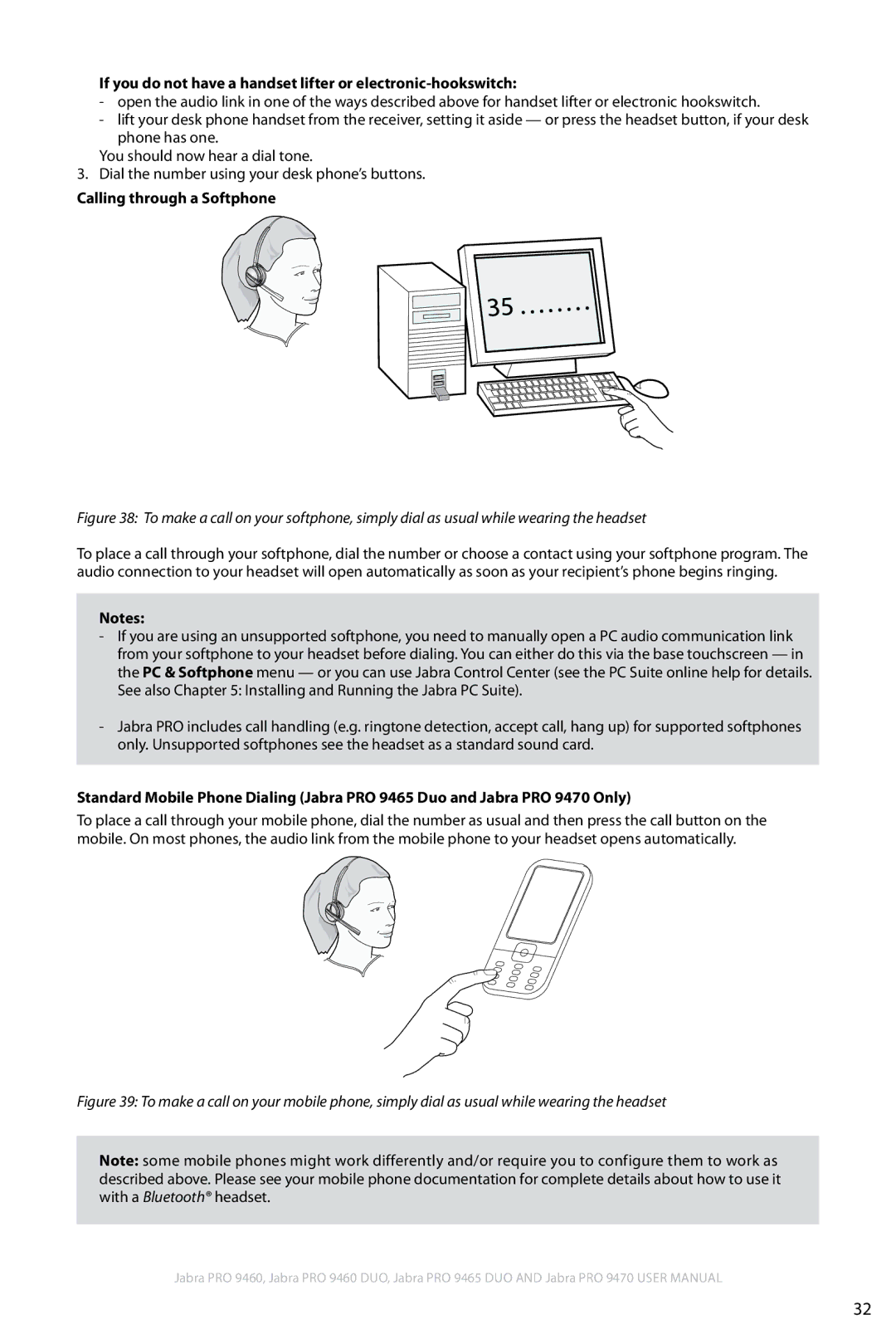 Jabra 9460 user manual If you do not have a handset lifter or electronic-hookswitch, Calling through a Softphone 