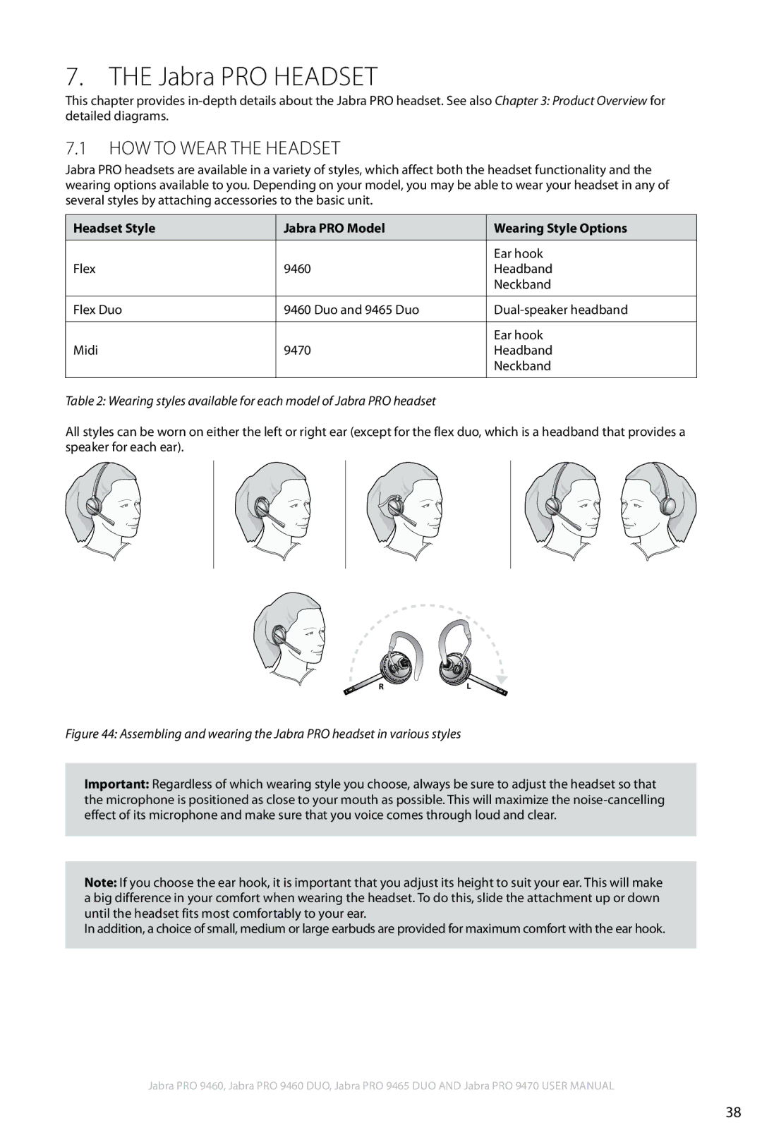 Jabra 9460 user manual Jabra PRO Headset, How to Wear the Headset, Headset Style Jabra PRO Model Wearing Style Options 