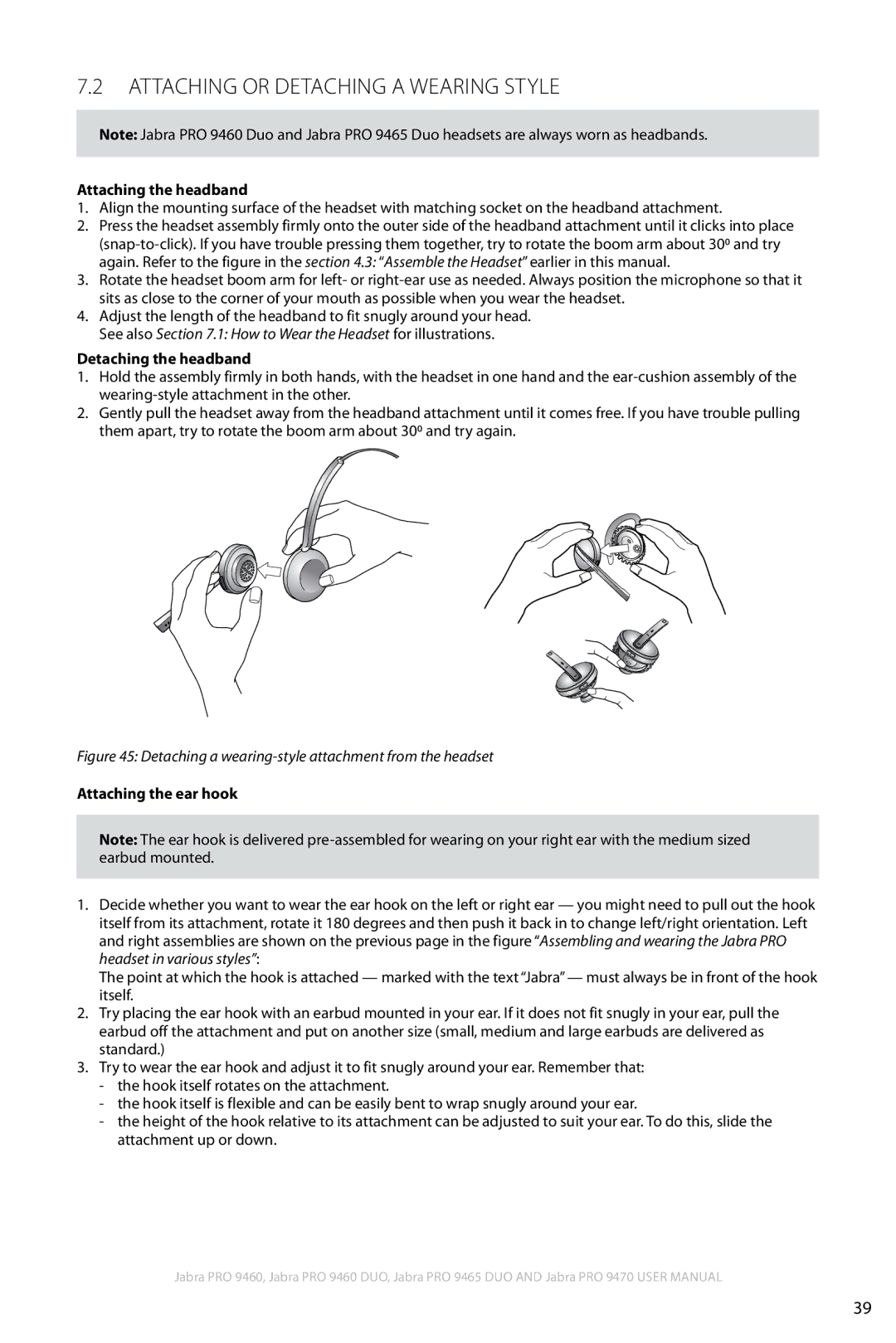 Jabra 9460 Attaching or detaching a Wearing Style, Attaching the headband, Detaching the headband, Attaching the ear hook 