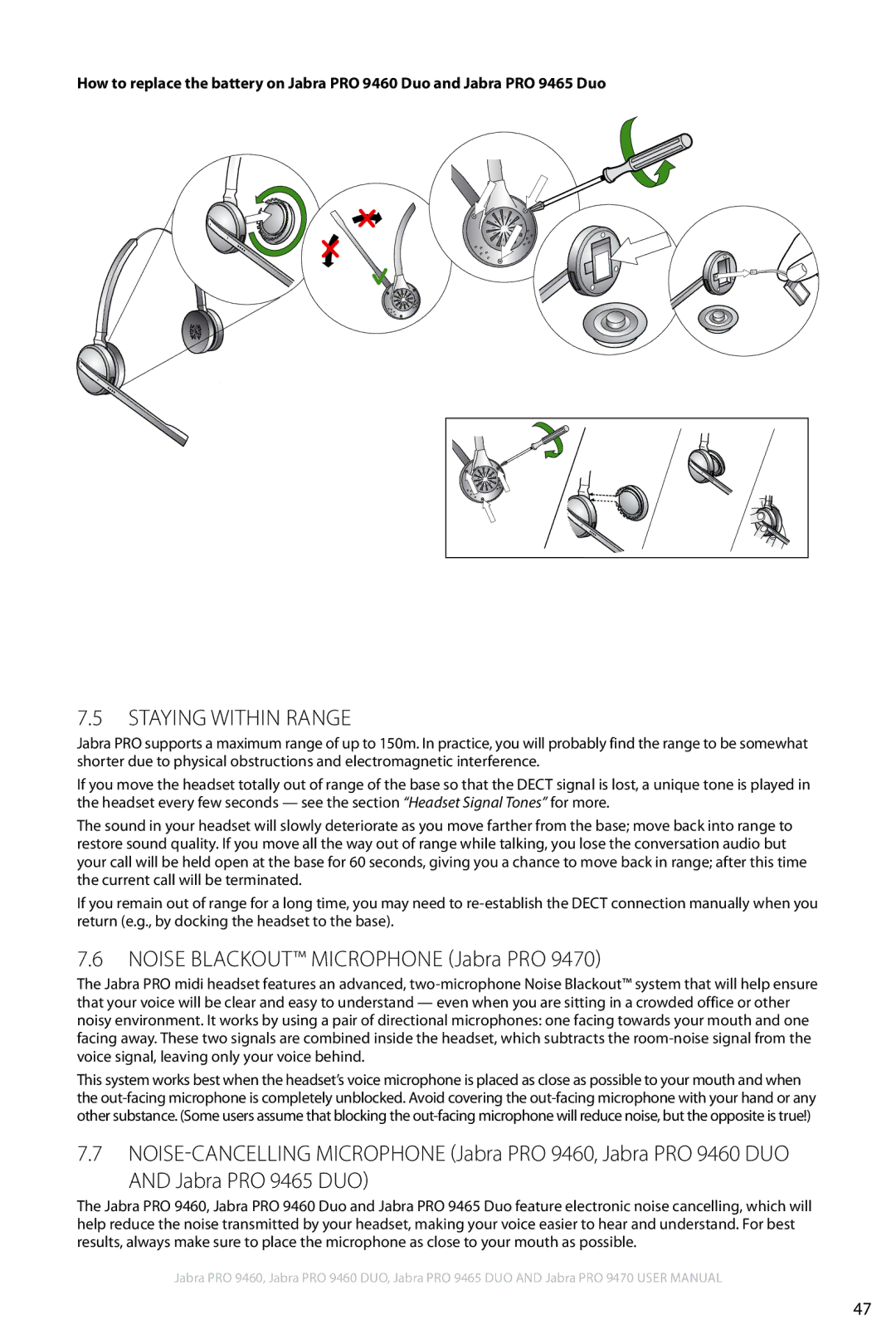 Jabra 9460 user manual Staying within Range, Noise Blackout Microphone Jabra PRO 