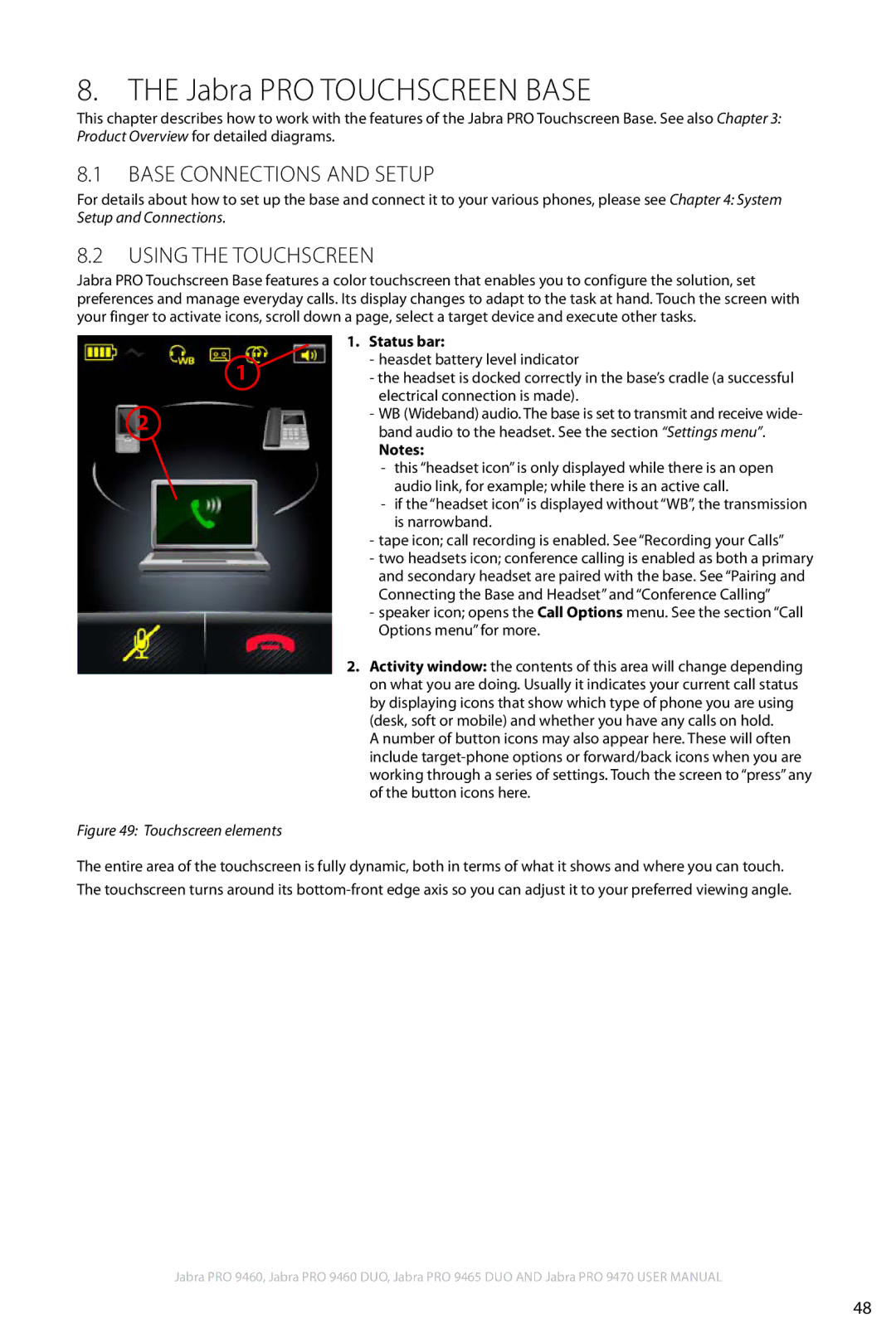 Jabra 9460 user manual Jabra PRO Touchscreen Base, Base Connections and Setup, Using the Touchscreen, Status bar 