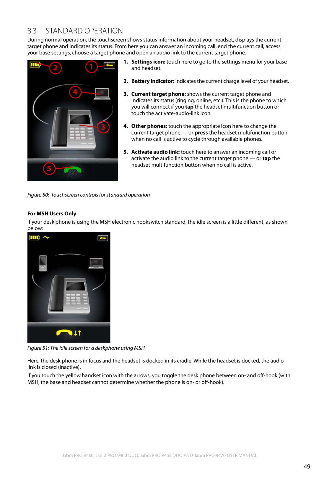 Jabra 9460 user manual Standard Operation, For MSH Users Only 