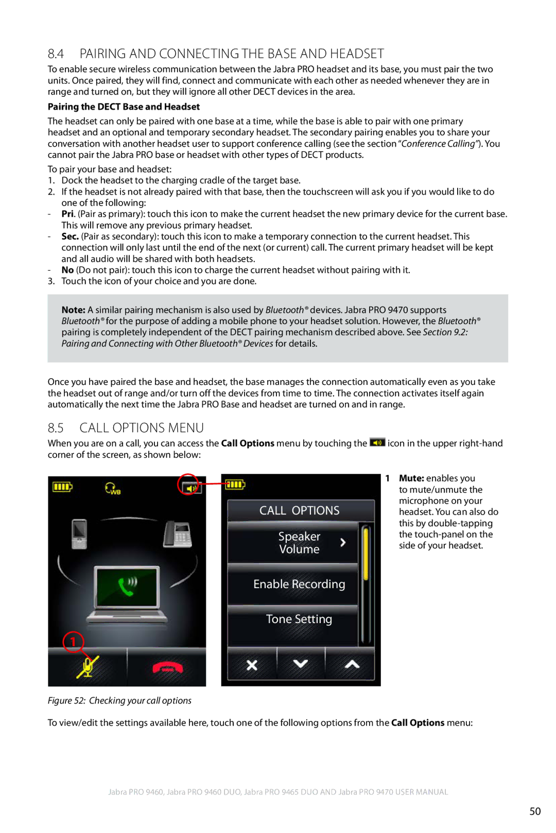 Jabra 9460 user manual Pairing and Connecting the Base and Headset, Call options menu, Pairing the Dect Base and Headset 