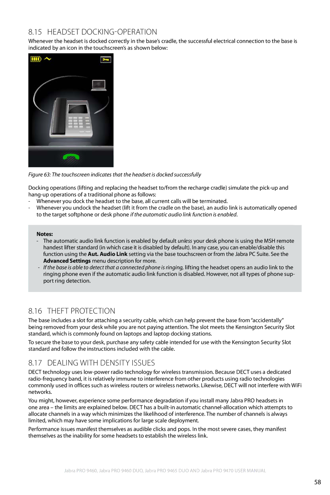 Jabra 9460 user manual Headset Docking-Operation, Theft Protection, Dealing with Density Issues 