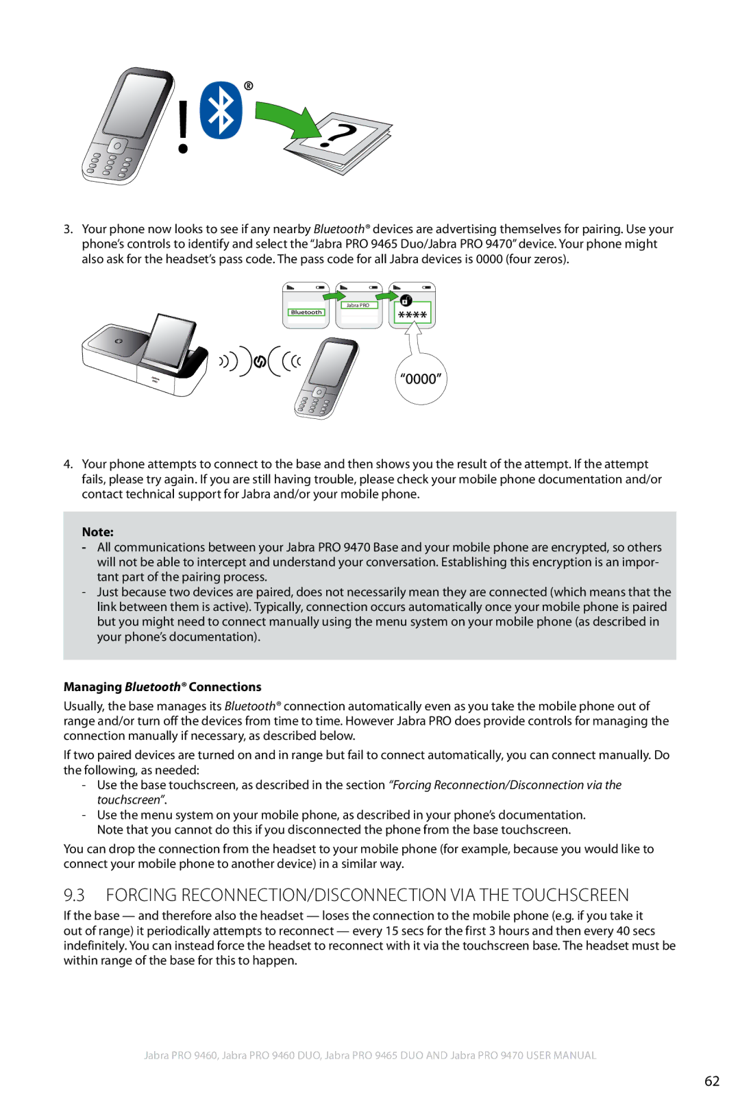 Jabra 9460 user manual Forcing reconnection/Disconnection via the touchscreen, Managing Bluetooth Connections 